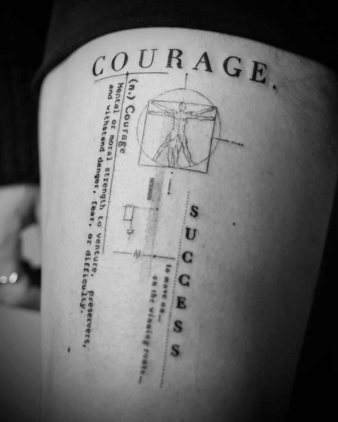 Fineline-Tattoo: Schriftzug „Courage“ mit Wörterbuch-Definition, vitruvianischem Menschen und „Success“